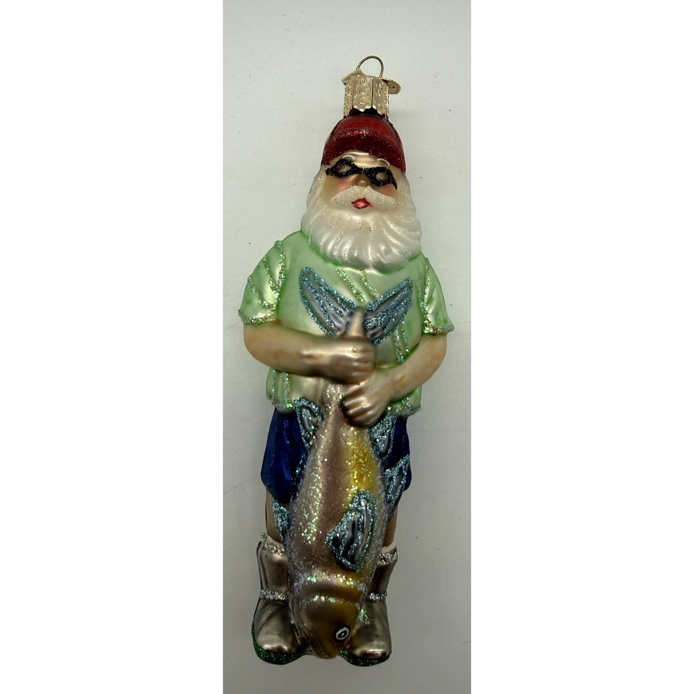 Old World Christmas Sport Fishing Santa Glass Ornament 6"‎ Santa in Shorts & Tee